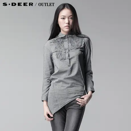 sdeer圣迪奥春装女装纯色勾花文艺长袖衬衫衬衣3380554图片