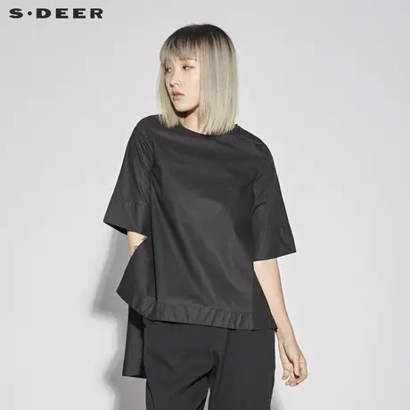 sdeer圣迪奥2019新款女装夏装圆领前短后长摆短袖衬衫S18280420图片
