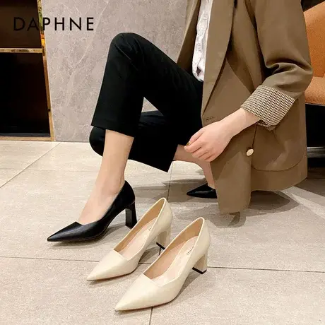 达芙妮超尖头高跟鞋黑色女夏季2022新款气质粗跟职业工作单鞋7cm商品大图