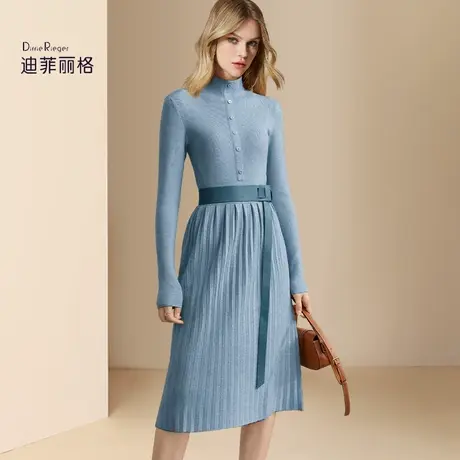 迪菲丽格半高领法式设计感连衣裙女2024春季新款洋气百褶针织裙子图片