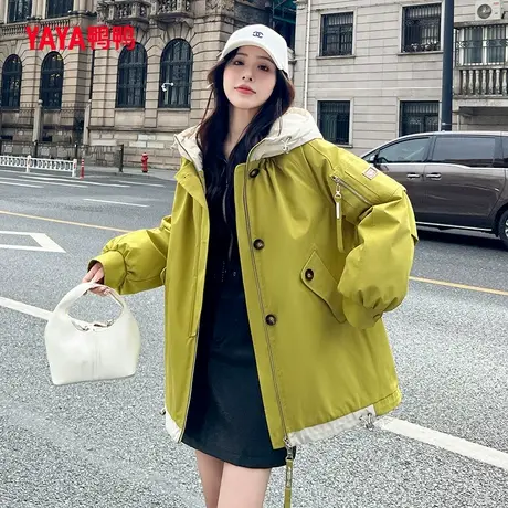 鸭鸭羽绒服女2023冬季新品假两件撞色拼接时尚百搭连帽鸭绒保暖M图片