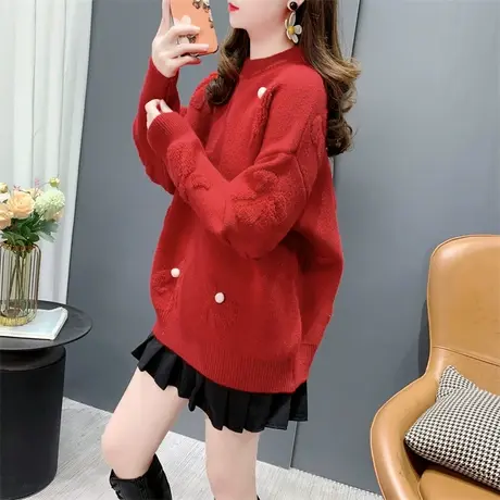 氛围感红色蝴蝶结毛衣女套头2023年新款秋冬宽松洋气减龄打底上衣商品大图