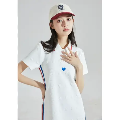 唐狮polo领爱心短袖连衣裙女装小个子香运动风白色裙子女夏季短裙图片