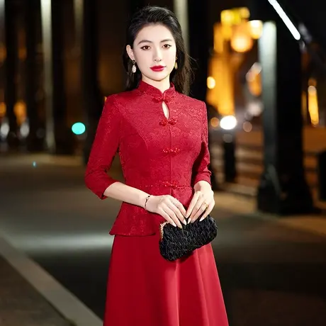 大牌喜婆婆婚宴装秋冬加厚旗袍高端高贵喜服妈妈婚礼晚礼服小个子图片