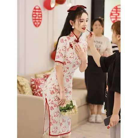 旗袍敬酒服新娘女夏季小个子年轻款中式改良年轻款订婚回门连衣裙商品大图