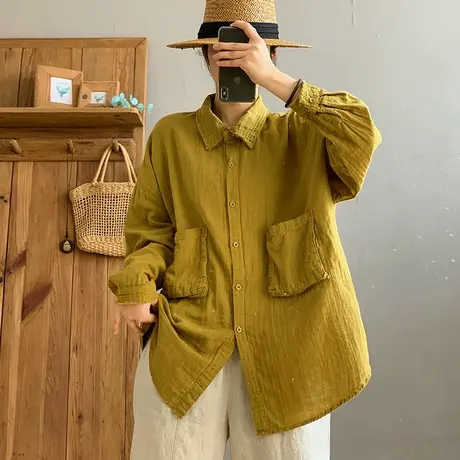 dza 复古宽松纯色翻领亚麻上衣女春休闲大版长袖棉麻衬衣百搭衬衫图片