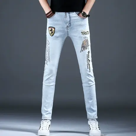 欧洲站男士2024新款牛仔裤男款时尚烫钻修身精致小脚裤子潮流刺绣商品大图