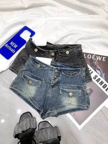 磨白欧货排扣牛仔短裤女2024春夏新款显瘦百搭高腰裤弹力辣妹热裤商品大图