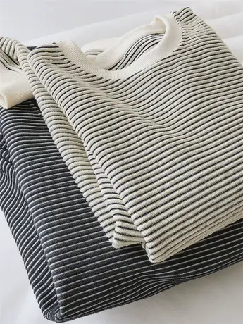 敲敲显瘦！温柔显白米色条纹卫衣女秋季宽松圆领学生纯棉长袖上衣商品大图