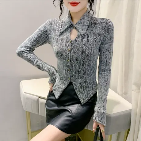 时尚辣妹女装韩版衬衫女设计感纯欲风气质显瘦重工烫钻上衣打底衫商品大图