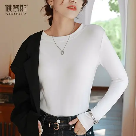 白色打底衫女秋冬内搭2024新款加绒磨毛圆领修身洋气T恤长袖上衣商品大图