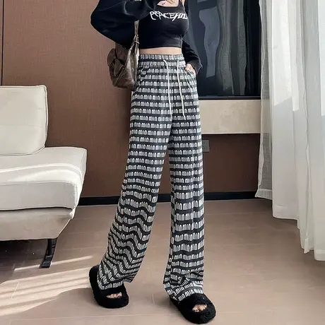 复古提花阔腿裤女春秋新款高腰垂感拖地裤宽松直筒显瘦百搭休闲裤图片