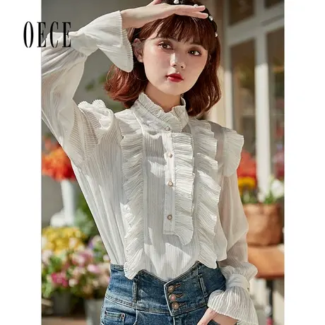 Oece甜美雪纺衬衫秋新款女装法式复古花边立领气质上衣图片