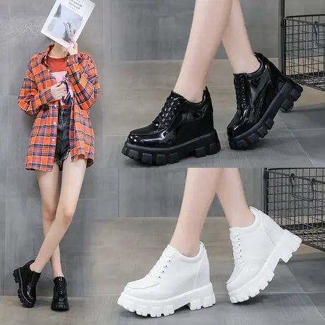 系带黑色单鞋女2024新款春季内增高女鞋英伦风厚底小皮鞋女款鞋子商品大图