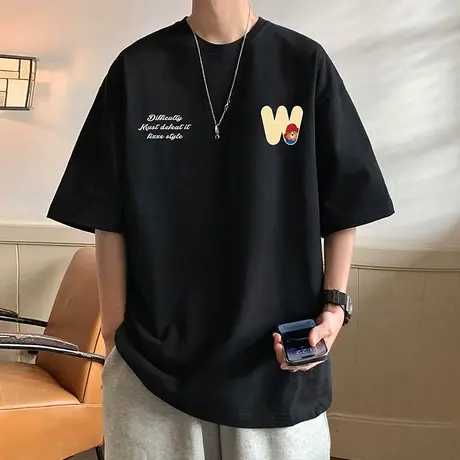 短袖T恤男夏季2024新款潮牌纯棉重磅圆领半袖简约潮流男生体恤衫商品大图