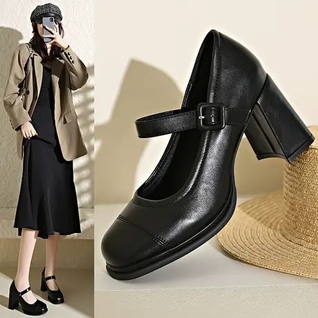 高跟鞋女2024新款法式玛丽珍女鞋春秋小皮鞋配裙子浅口粗跟单鞋子图片