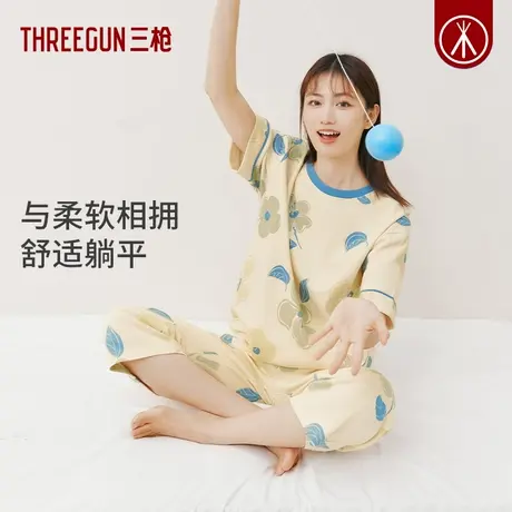 三枪2024春夏新品纯棉睡衣女短袖中裤圆领宽松甜美印花女家居套商品大图