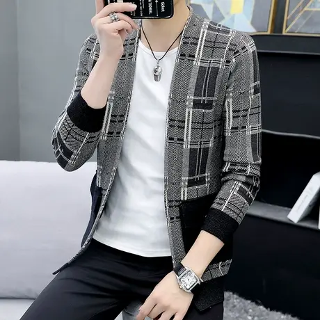 秋季新款男士毛衣潮流格子帅气外衣青年韩版休闲宽松针织开衫外套商品大图