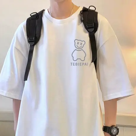 2023夏季新款短袖T恤男潮流小熊印花内搭打底衫港风男生纯棉衣服t商品大图