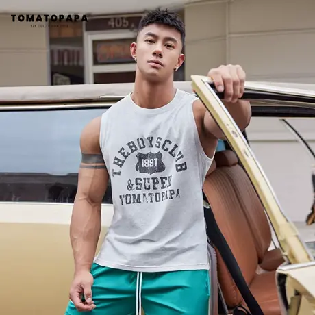TOMATOPAPA美式运动背心做旧复古花潮流百搭健身无袖透气青年上衣商品大图