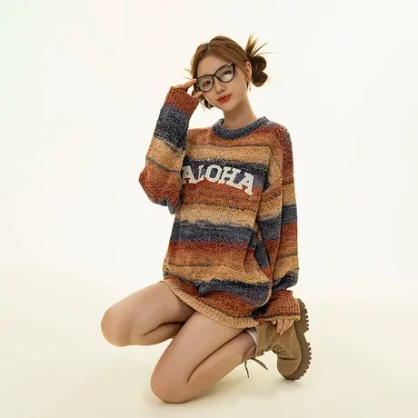 宽松条纹毛衣女秋冬2023年新款韩系字母慵懒风复古针织衫ins潮牌商品大图
