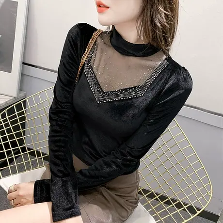 网纱拼接丝绒T恤女装性感镂空气质上衣紧身内搭打底衫女长袖春秋图片
