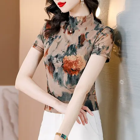 2023夏装新款印花网纱上衣女士复古漂亮小衫气质修身立领T恤半袖商品大图