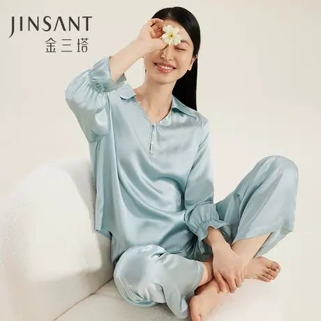 送礼礼物】真丝睡衣女100%桑蚕丝春夏时尚居家可外穿家居服金三塔图片