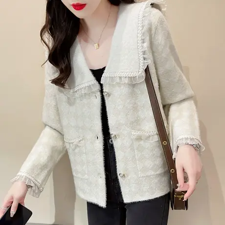 小香风方领蕾丝外套针织开衫女士上衣外搭秋季新款水貂绒翻领宽松商品大图