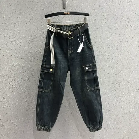 小个子九分束脚裤女潮2023秋季新款宽松显瘦休闲工装裤个性牛仔裤图片