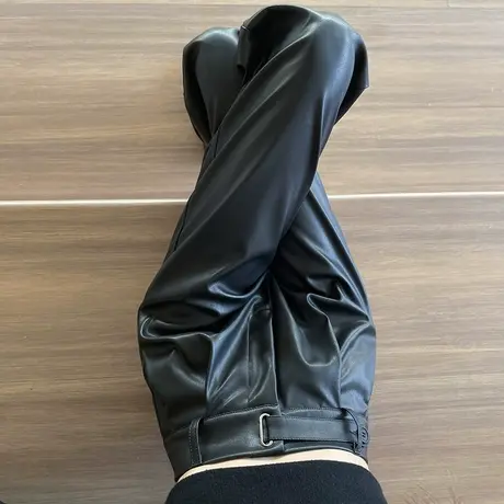黑色皮裤女秋冬2023新款高腰直筒显瘦休闲裤软软PU皮宽松阔腿裤子商品大图