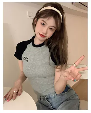 美式复古拼色短袖t恤女夏季设计感小众高腰修身辣妹BM风短款上衣商品大图