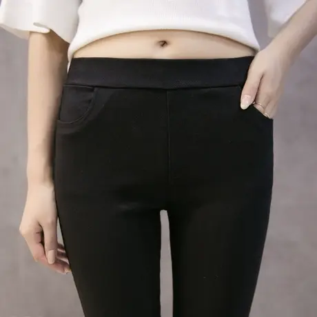 春秋季松紧高腰弹力打底裤女外穿九分裤黑色薄款小脚长裤胖mm大码商品大图