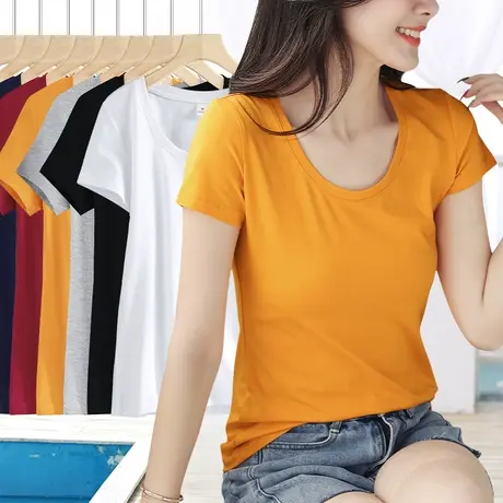 夏季纯棉短袖t恤女2023年新款内搭圆领修身纯色正肩半袖外穿上衣图片