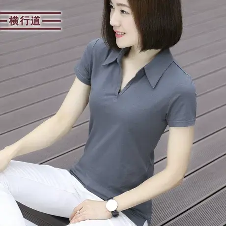 夏装新款上衣2023衬衫领大码女装黑色衬衣V领短袖女T恤打底衫工装商品大图