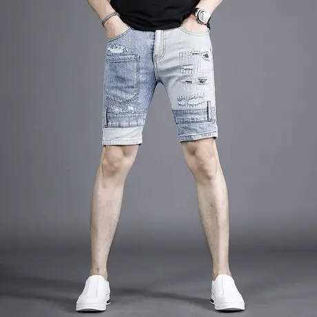 2022夏季新款男士牛仔短裤五分裤修身破洞补丁弹力帅气中裤男潮牌商品大图