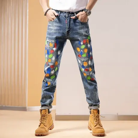 Modi Nick/摩帝尼克男款牛仔裤印花刮烂百搭牛仔裤破洞潮流做旧商品大图