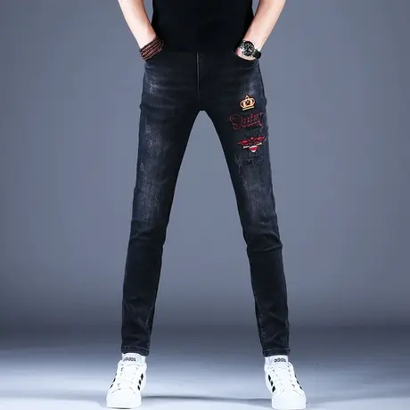 烟灰色刺绣牛仔裤男款修身小脚2023新款秋款季裤子男弹力韩版潮流商品大图