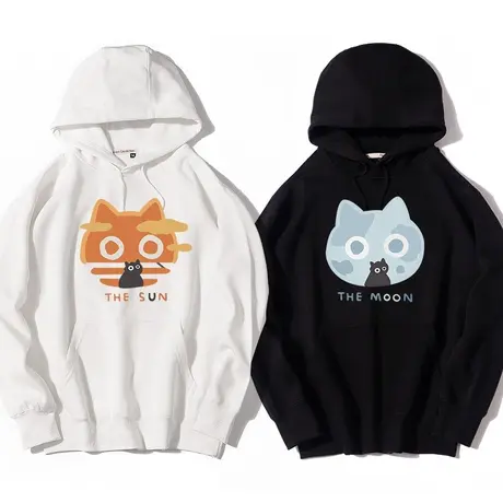 秀洛卡通动漫猫猫头早晨傍晚黑猫连帽套头卫衣情侣装衣服加绒外套图片