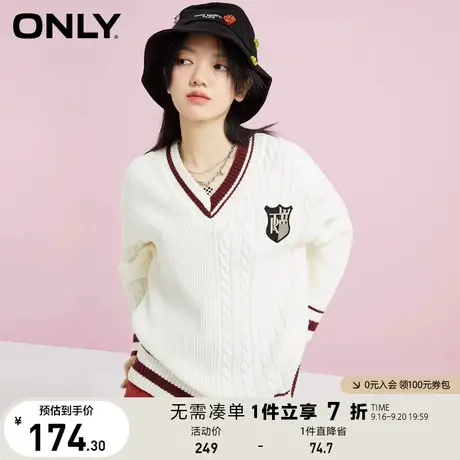 ONLY奥莱夏季英伦学院风V领徽章宽松毛衣针织衫女商品大图
