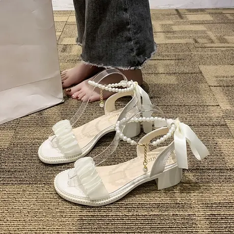 网红法式超仙凉鞋女中跟2023新款夏季高跟小众百搭仙女风时尚超火图片