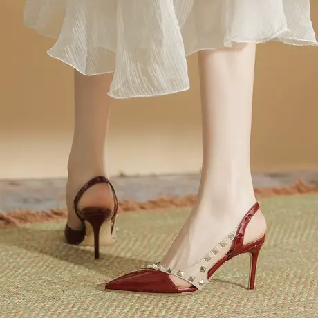 尖头铆钉高跟鞋2023年春季新款性感细跟后空单鞋浅口包头罗马凉鞋图片