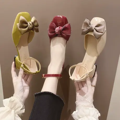日系复古圆头浅口蝴蝶结粗跟一字扣带2023新款玛丽珍鞋仙女小红鞋商品大图