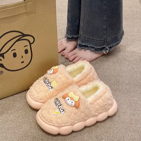 包跟棉鞋女冬季室内外穿可爱蝴蝶结女孩踩屎感厚底毛绒保暖棉拖鞋商品大图