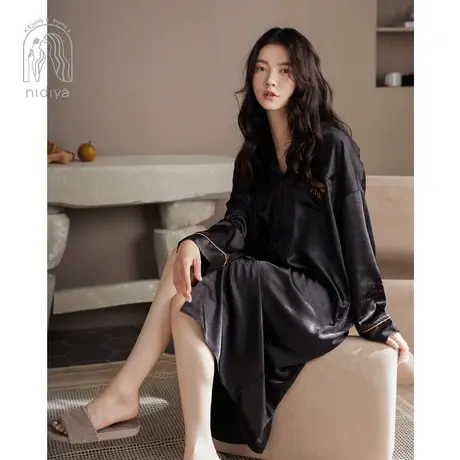 妮狄娅新品睡衣睡裙女秋季冰丝长袖翻领衬衫裙可外穿春秋款家居服商品大图