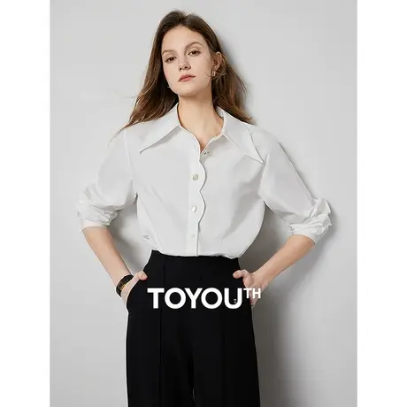 TOYOUTH初语花瓣门襟衬衫女2024春季新款尖领纯色通勤衬衫薄外套商品大图