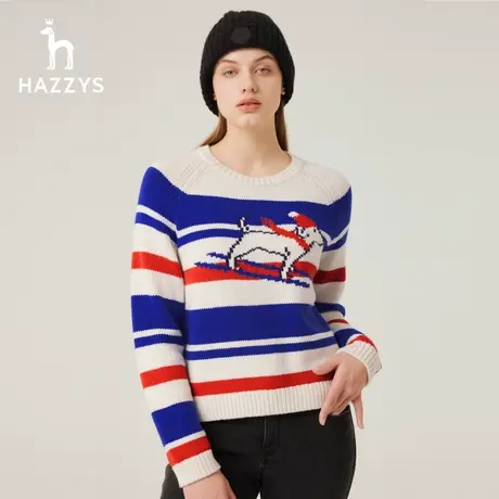【商场同款】Hazzys哈吉斯2023秋季新款圆领条纹图案羊毛针织衫女图片