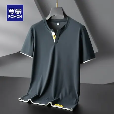 罗蒙男士冰丝短袖T恤夏季薄款鸡心V领假两件男装上衣服速干网眼体商品大图