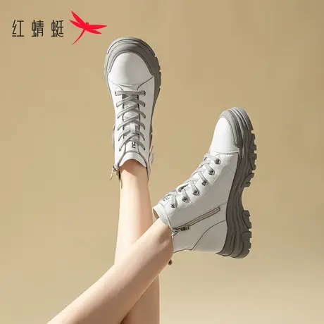 红蜻蜓女鞋高帮鞋2022年新款秋冬单靴厚底增高防滑休闲白色马丁靴商品大图