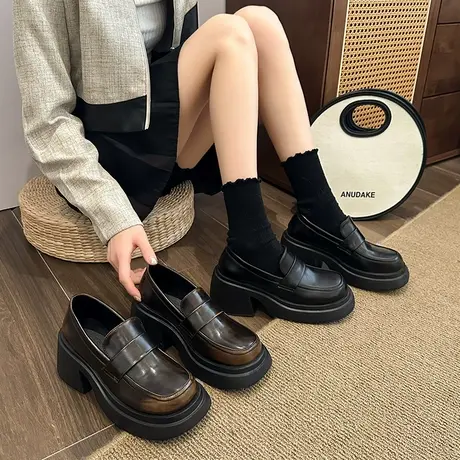 鞋子女2024年新款爆款春秋季小皮鞋女英伦风厚底复古百搭乐福单鞋商品大图